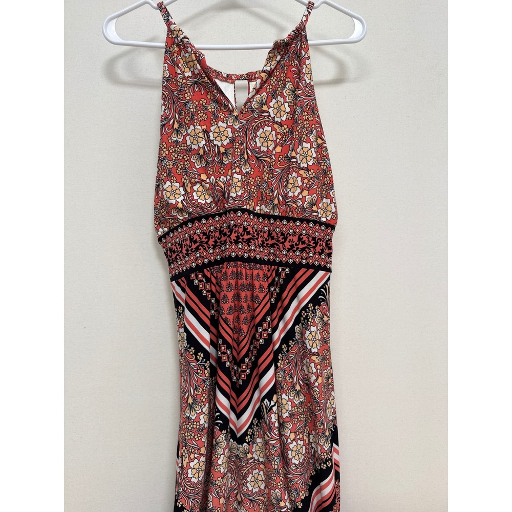 Floral Scarf Print Halter Maxi Dress Coral Black White Petite 12 Smocked Waist